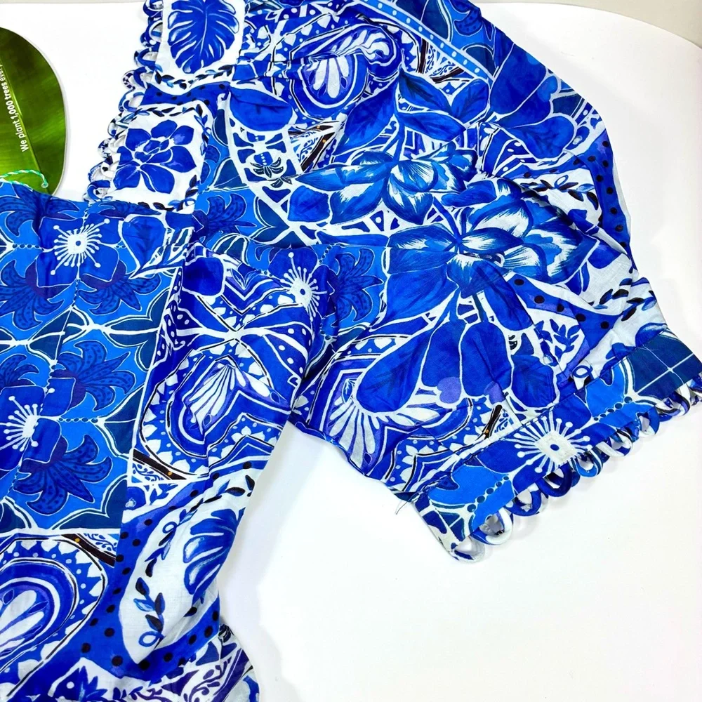 FARM Rio Tile Dream Cotton Puff Sleeve Peplum Top Blouse Blue White Large NWT